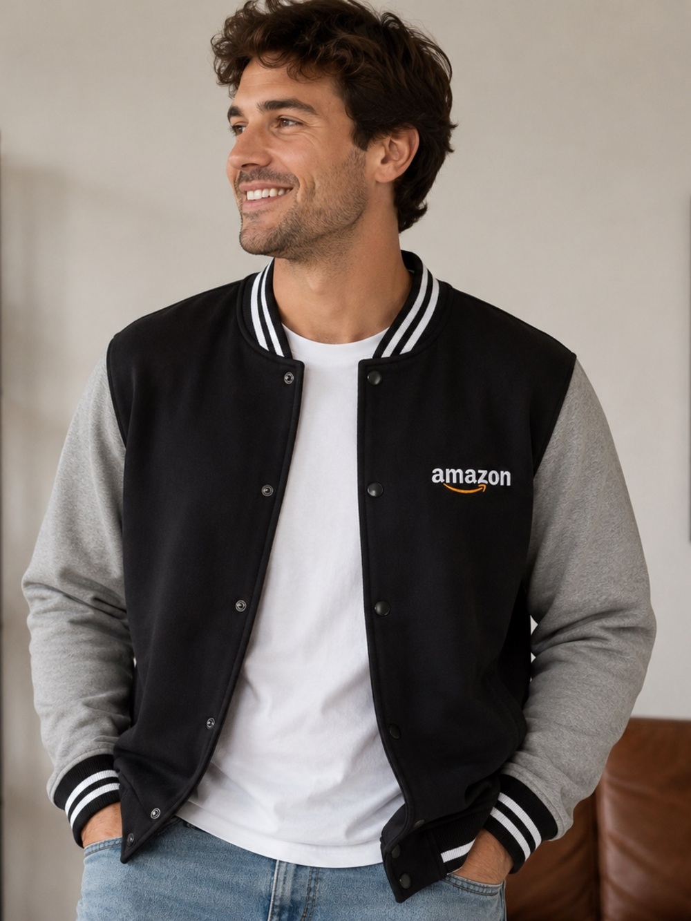 SportTek Mens XL Black Varsity Jacket Snap Front  Amazon Logo CLE3 5 Years